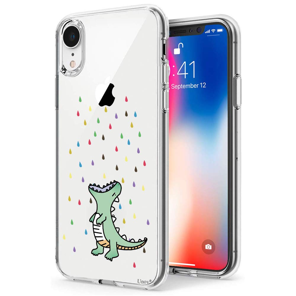 Unov Case Compatible with iPhone XR Case Clear with Pattern Slim Protective Soft TPU Bumper Embossed Design Shock Absorption 6.1 Inch (Rainbow Dinosaur)