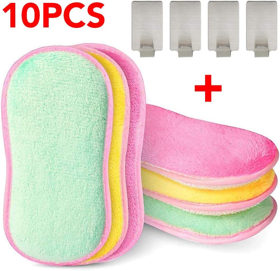 Fnova Kitchen Scouring Pads, 6 pcs Double Sided Sponges Scrubbing Scourer Antibacterial Microfiber Cleaning Wiping Rags Great for Pans Pots Bowl Cookware with 4 pcs Adhesive Hooks