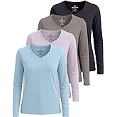 Real Essentials 4 Pack: Women's V-Neck Cotton Long-Sleeve T-Shirt (Available in Plus Size)