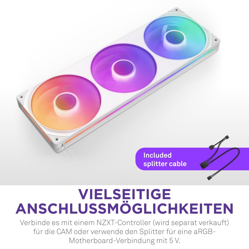 NZXT F360 RGB Core - 360 mm Einzelrahmen-Lüftereinheit mit 3 x 120 mm RGB-Lüftern - Drehzahl- und Beleuchtungssteuerung - Hoher statischer Druck und Luftstrom - 8 aRGB-LEDs pro Lüfter - Weiß 3