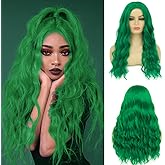 Beweig Long Curly Wavy Green Wig for Women Middle Part Costume Cosplay Wig Synthetic Hair Replacement Wig