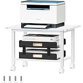 Lerliuo Under Desk Printer Stand, 2-Tier Industrial Rolling Printer Table | White Small Mobile Printer Cart Desk for Home Office, Lockable Wheels, Open Storage Shelf, Metal frame