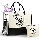 InnoBeta Dragonfly Gifts for Women, Canvas Tote Bag with Top Zipper Closure and Shoulder Strap