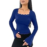 Women Bell Long Sleeve Top Square Neck Lace Trim Slim Fit Crop Blouse Y2k Solid Tunic Tee Shirt
