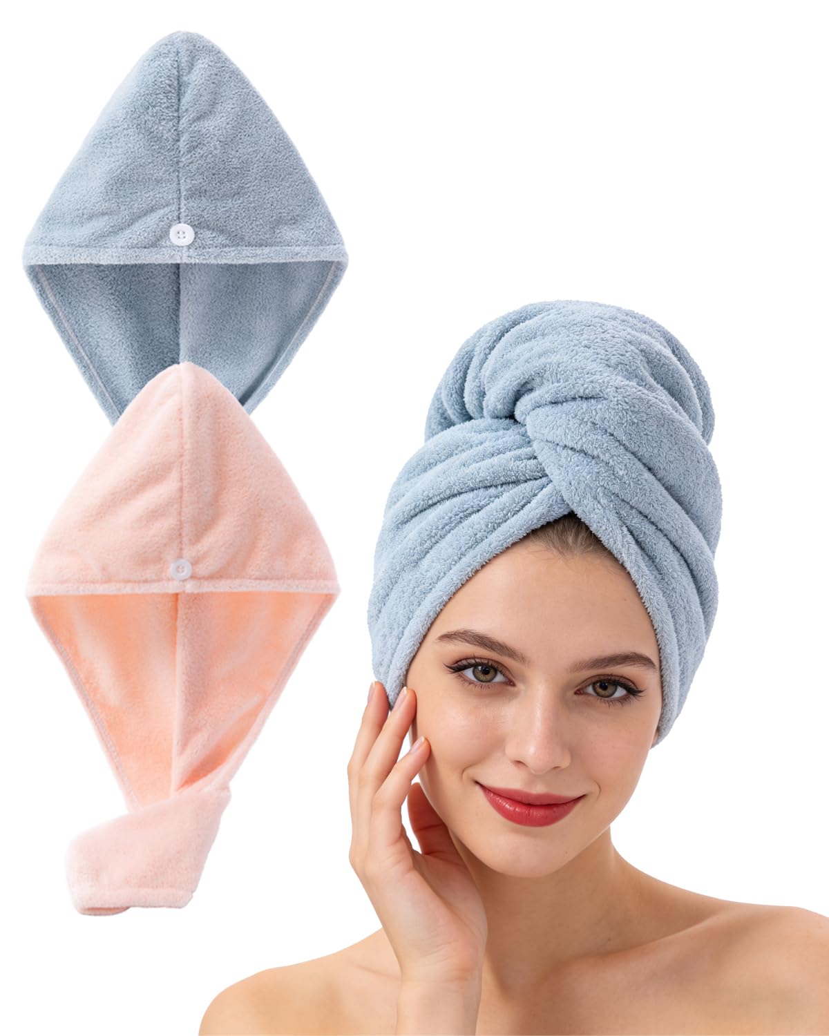 Lumimi Bath Pre Dry Hair Towel 2 Pack Quick Dry Hair Super Absorbent Lightweight Turban with Button Hair Drying Wrap Shower Wellness, Pink Blue