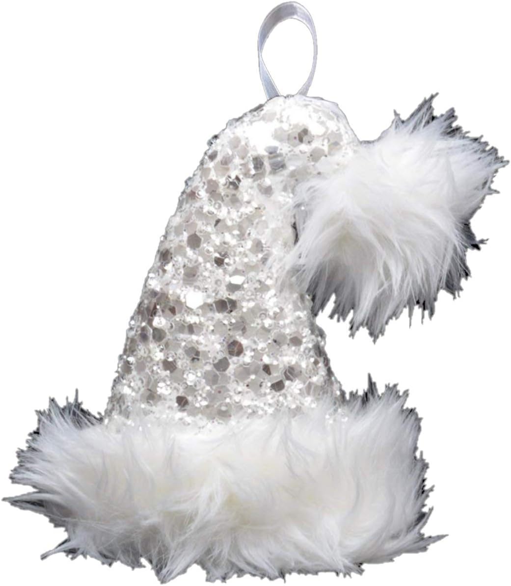 Toyland® 17cm White Sequin & Glitter Santa Hat With White Faux Fur Trim Christmas Decoration - Baubles - Novelty Tree Decorations.