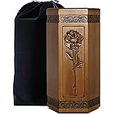 Urns for Wooden, Cremation Urn for Human Ashes Adult - Hand Engraving Rose Flower - Funeral Urn for Mother/Dad - Display Burial at Home or in Niche at Columbarium (Large Wood Decorative Urn