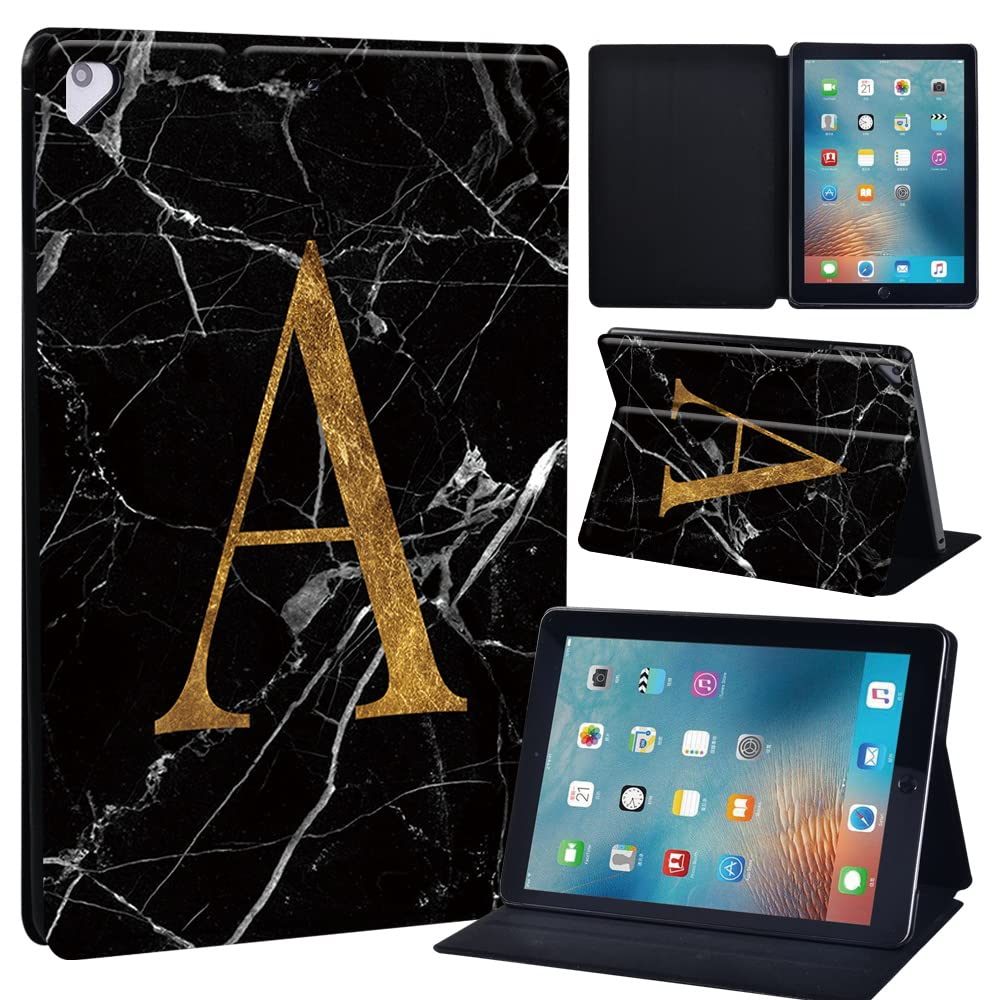 Initial Letter Leather slim lightweight Stand Cover Case for Apple New iPad 9.7 2018 2017(6th Gen, 5th Gen)/iPad Air 2/iPad Air/iPad Pro 9.7 Tablet with Auto Wake/Sleep (blackmarbleA)