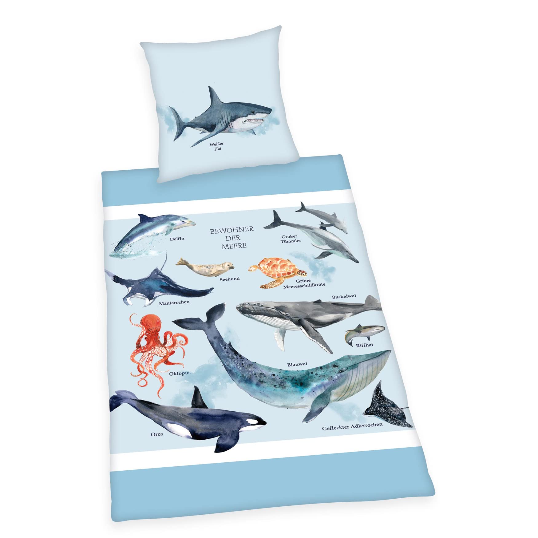 Herding Inhabitants of the Seas Bedding Set, Pillowcase 70 x 90 cm, Duvet Cover 140 x 200 cm, with smooth-running zip, 100% Cotton/Renforcé, Blue