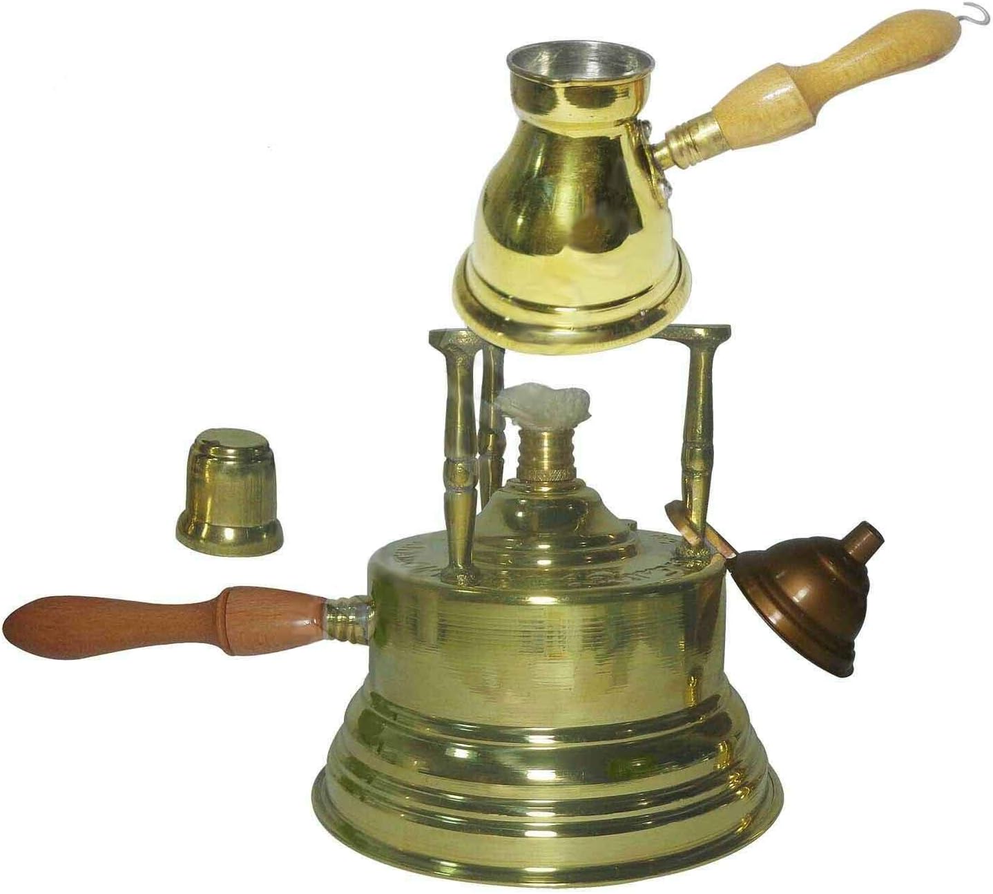 Al Bramony Brass Turkish Greek Coffee Alcohol Burner Maker Table Top Tabletop Wooden Handle Arabian Solid Large Size Hand Hammered Handmade Egypt Decanter + Pot Ibrik Size N02 (Capacity 2 Cup / 2.7oz)