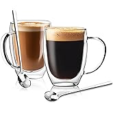 GOROGILE Double Wall Glass Coffee Mugs 12 OZ, Clear Coffee Cup With Handle,Insulated Coffee Mugs Set of 2 With Spoons Perfect for Espresso, Cappuccino, Latte, American,Tea Bag, Beverage