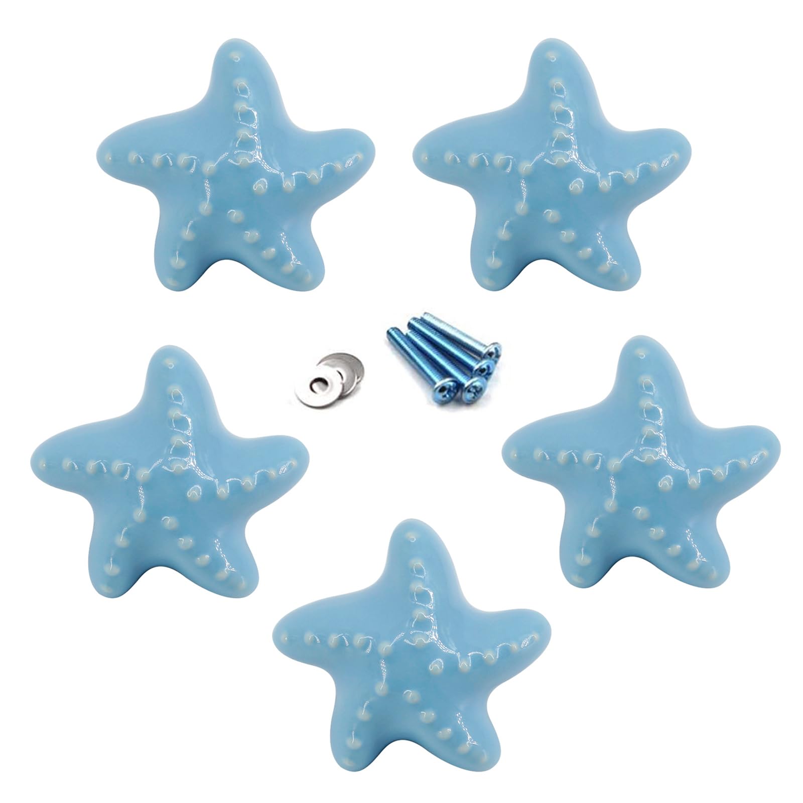 Flomore Blue Drawer Knob Ceramic Cabinet Knobs Kids Room Handle Pull Starfish Shape for Dresser Drawers (Pack of 5 Screws Included)