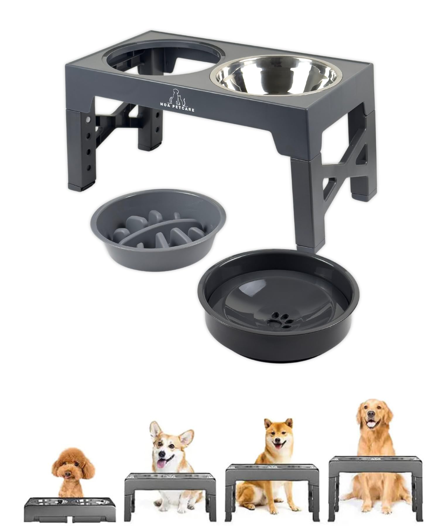 H&A Petcare Raised Dog Bowl: 3 In 1 Elevated dog bowls With Slow Feeder And Non Spill Bowl, Feeder With Stand, Raised Feeder For Large Dogs, Dog Feeding Station Dogs And Cats (Grey)