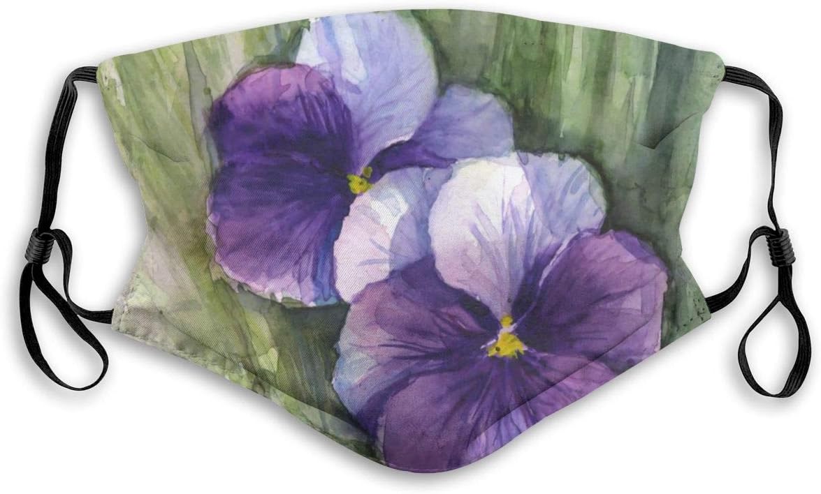 Cute Mouth Mask With Replaceable Filters Activated Carbon Mask for Sleeping Fishing, Motorcycle Washable Reusable Air Pollution Breathing Mask, Purple Pansies Watercolor Flower Painting Violet Floral