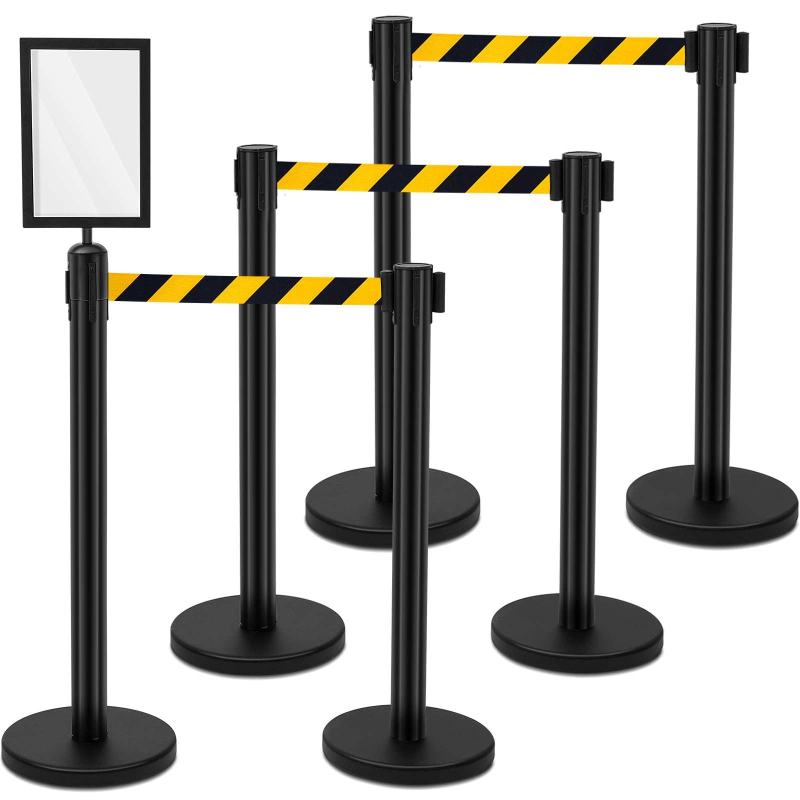 Photo 1 of Therwen 6 Pack Heavy Duty Crowd Control Stanchions 9.8 ft Stainless Steel Stanchion Set with 6 Safety Barrier Post Retractable Belt and 1 Sign Holder Crowd Control Barrier (Black,Stripe Belt)