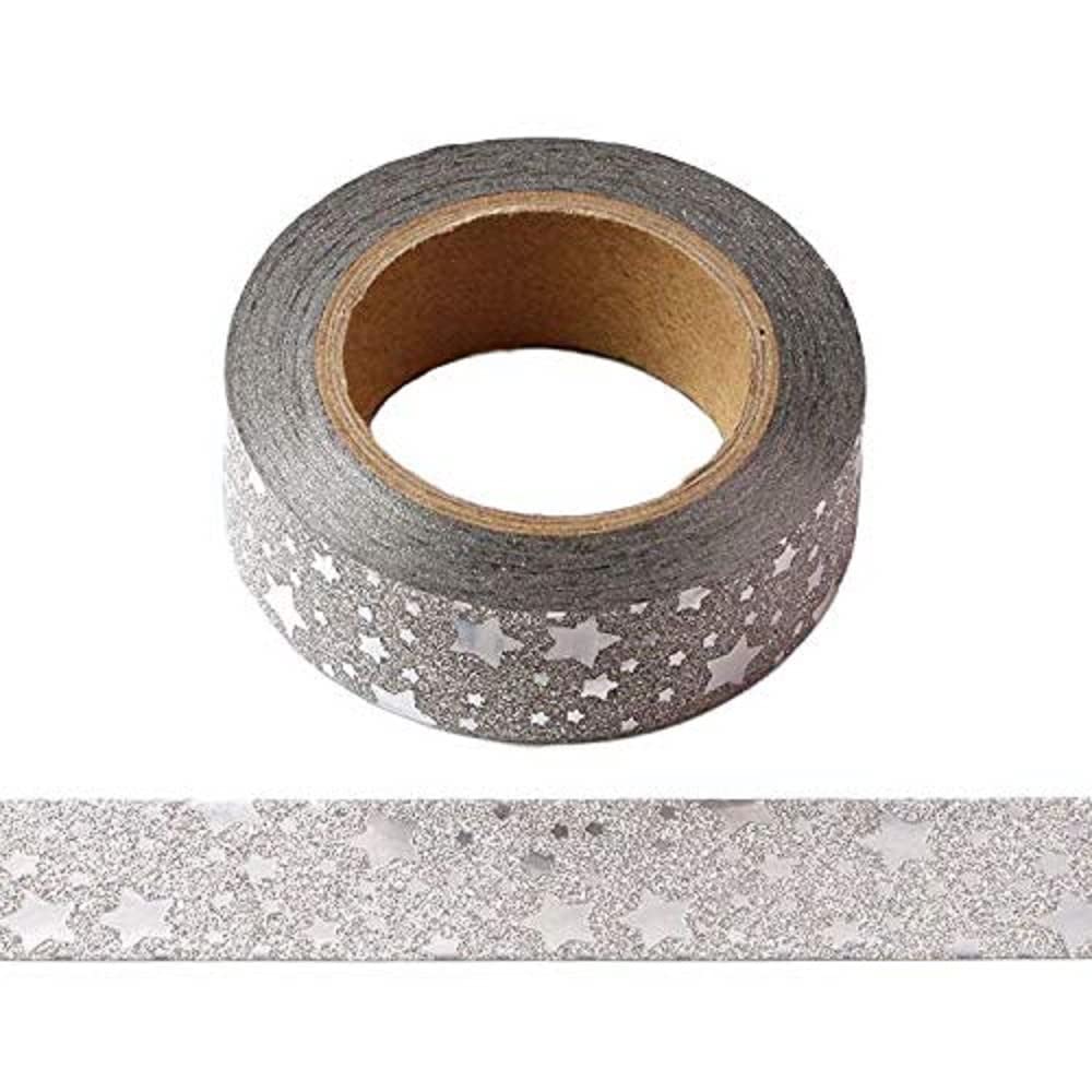 Syntego Silver Stars Glitter Washi Tape with Silver Foil Stars Masking Self Adhesive Trim 15mm x 10 Meters
