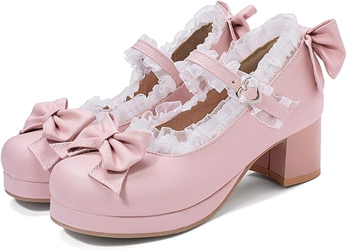 Amazon Qiage 3色展開 シンプル定番 厚底 ロリータパンプス Lolita ロリータ靴 メイド靴 ローヒール ロリータシューズ アンクルストラップ 蝶結び リボン付 大きいサイズ 小さいサイズ かわいい レース付き 21 0 26 5cm パンプス