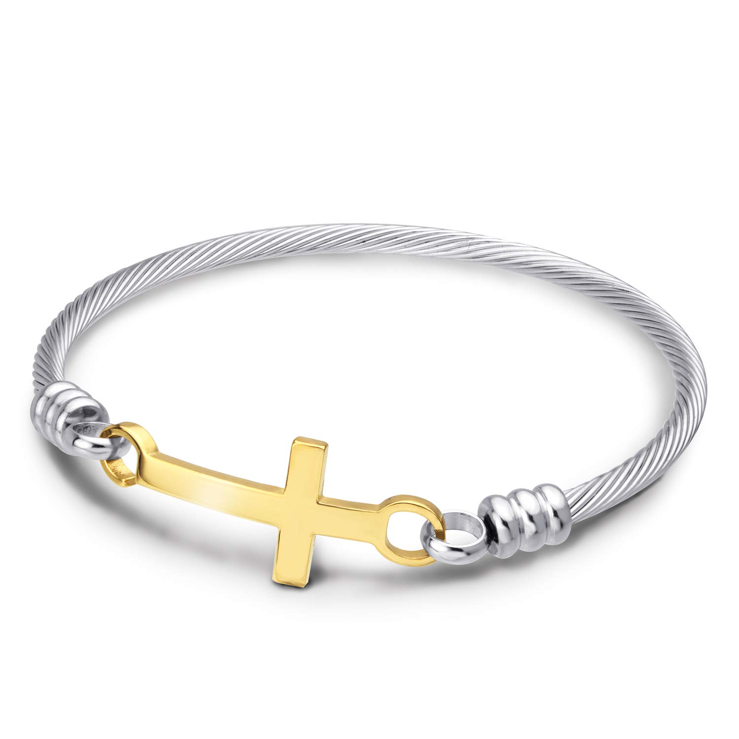 555Jewelry Stainless Steel Metal Cross Religious Religion Sacred Christian Catholic Holy Blessing Bracelet Fashion Fine Jewelry Accessory Bangle Bracelet, Silver & Yellow Gold Size 65mm