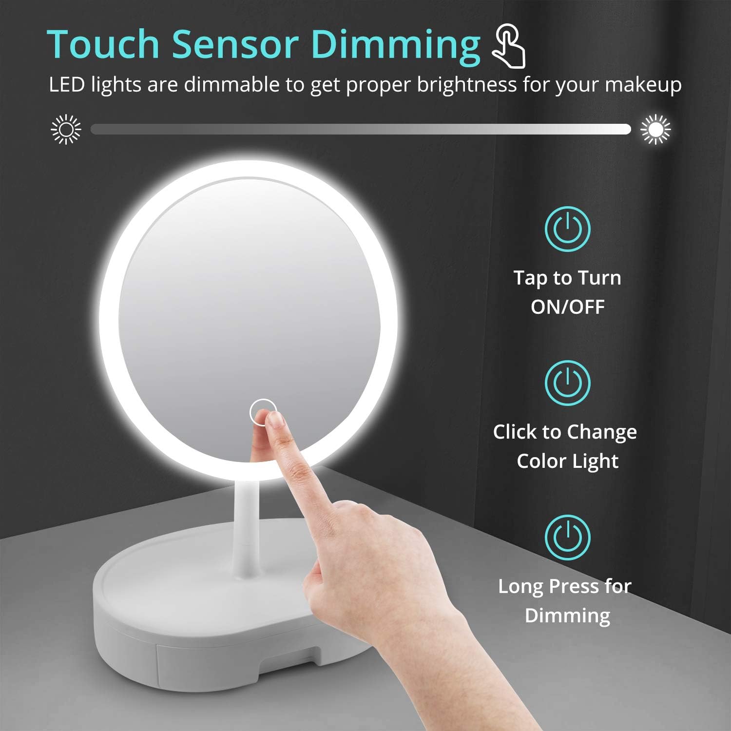 Personal Lighted Makeup Mirror with Lights - Fabuday Rechargeable Led Round Mirror with 3 Color Lighting Modes, Light Up Mirror with 10X Magnification, Lighting Adjustable Desk Mirror with Storage -