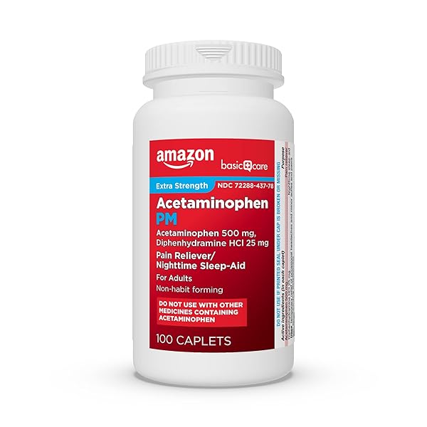 AMAZON BASIC CARE ACETAMINOPHEN PM CAPLETS, PAIN RELIEVER PLUS NIGHTTIME SLEEP AID, EXTRA STRENGTH, HELPS OCCASIONAL MINOR ACHES, PAINS AND HEADACHE RELIEF, 100 COUNT, PACKAGING MAY VARY