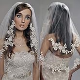 Kercisbeauty Wedding Bridal Lace Double layer Appliques Edge Veil Drop with Hair Comb Flower Lace and Pearl Chapel Hair Accessories (Ivory)