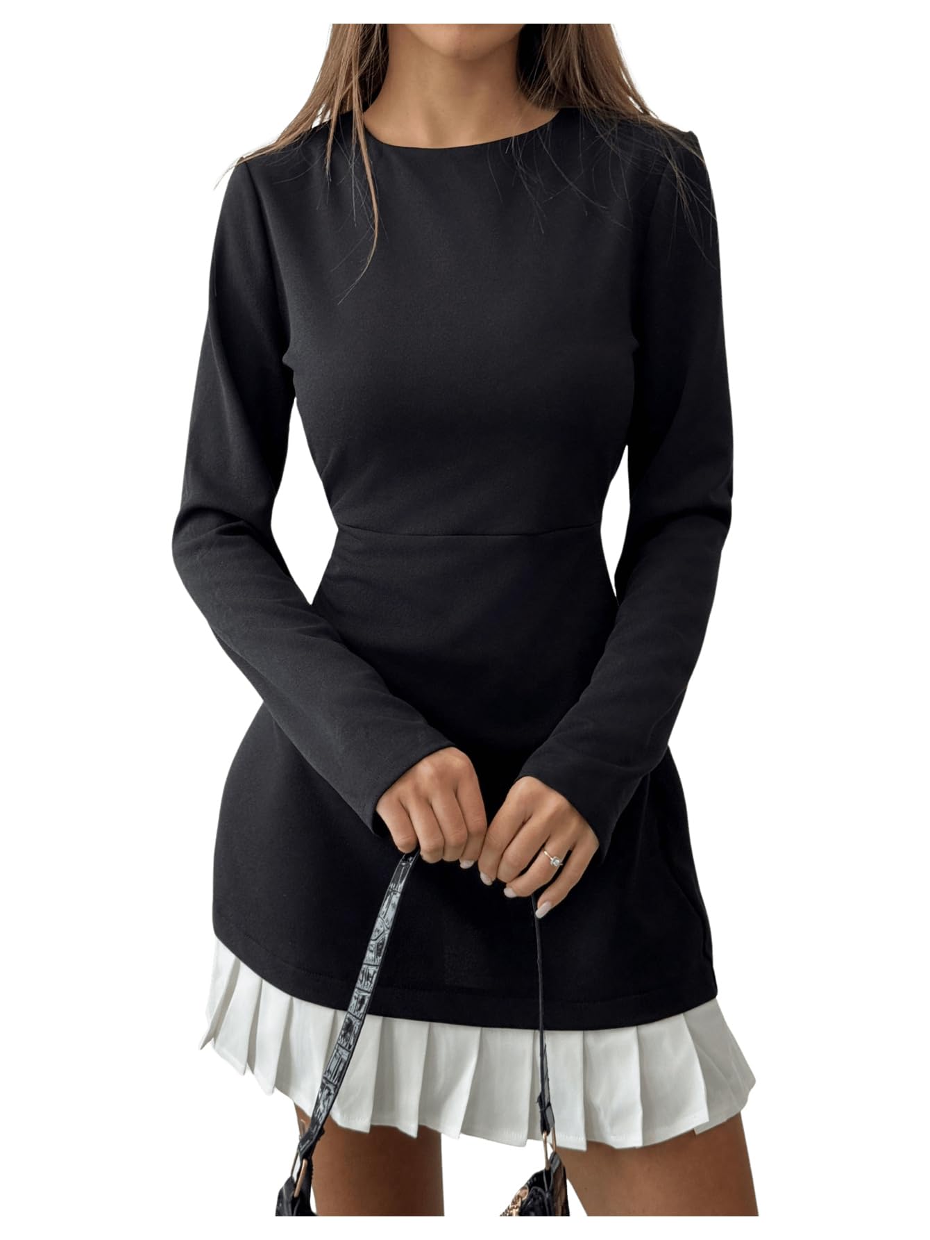 Photo 1 of RoseSeek Women's Patchwork Ruffle Pleated Mini Dress Color Block Long Sleeve Crew Neck Bodycon Dresses Black and White Large