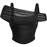 WDIRARA Women's Plus Size 2 in 1 Sheer Mesh Off Shoulder Tops Ruched Asymmetrical Short Sleeve Tee Shirt