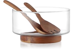 MDLUU Large Glass Salad Bowl with Wood Utensils Set, Serving Bowls for Salad, Layered Fruit Trifle, Clear