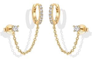 PAVOI 14K Gold Chain Earrings for Women | Double Piercing Dangle Chain Huggie Hoop Earrings | Cubic Zirconia Pearl Stud Ear Cuff Earrings for Women