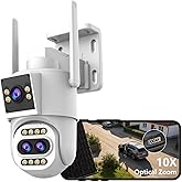 JOOAN Outdoor Security Camera 2Kx3 3Lens 2 Screen【10X Optical Zoom & Auto Tracking】 Home Surveillance IP Cam 360°PTZ 2.4G WiFi Wired IP66 Waterproof Motion Alert,8-256G Card/Cloud Storage,Siren Alarm