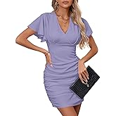 YIQ8 Women's Sexy V Neck Ruffle Sleeve Bodycon Mini Cocktail Party Dress Casual Short Sleeve Work Dress