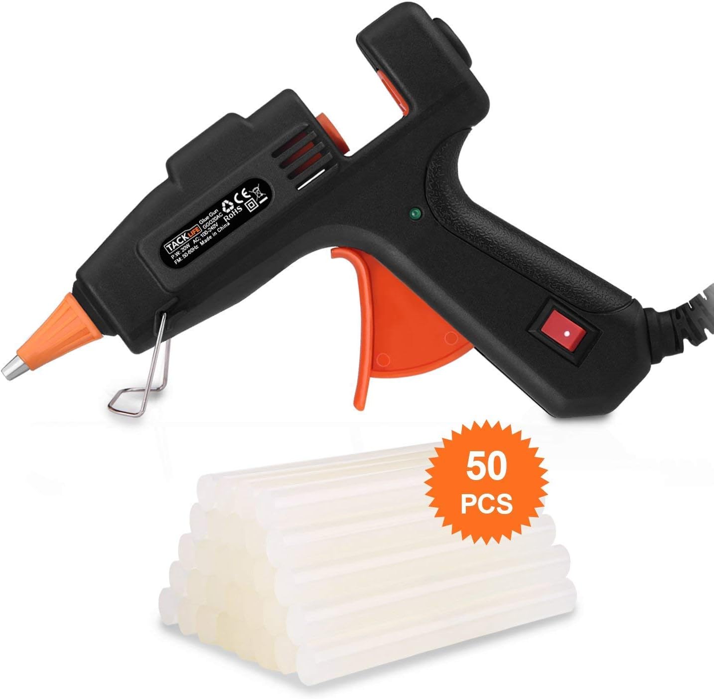 Hot Glue Gun, Tacklife GGO20AC 20w Hot Melt Glue Gun with 100 * 7.2mm Glue Sticks - 50pcs and Aluminum Nozzle Electric Glue Gun Heats up Quickly for DIY Arts, Hobby, Craft, Fabric, Wood, Card