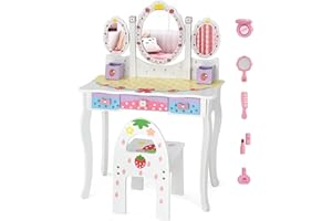 GENERIC Fireflowery Kids Vanity, Little Girls Vanity Set with Stool, Princess Makeup Vanity w/Mirror, Makeup Dressing Table with Drawer, Pretend Play Vanity for Toddlers, White/Pink