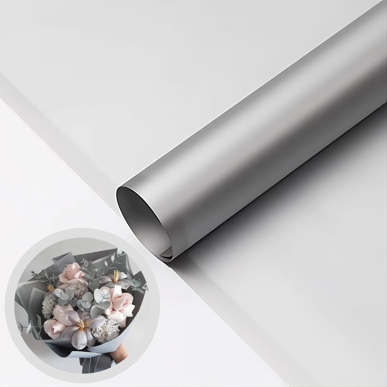 Silver Flower Wrapping Paper, Waterproof Floral Bouquet Wrapping Paper Florist Supplies, 20 Sheets