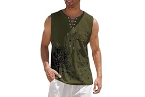 GOKKILRW Mens Cotton Linen Tank Tops Loose Fit Lace Up Pirate Retro Shirts Sleeveless Print Lightweight Summer Beach T Shirts