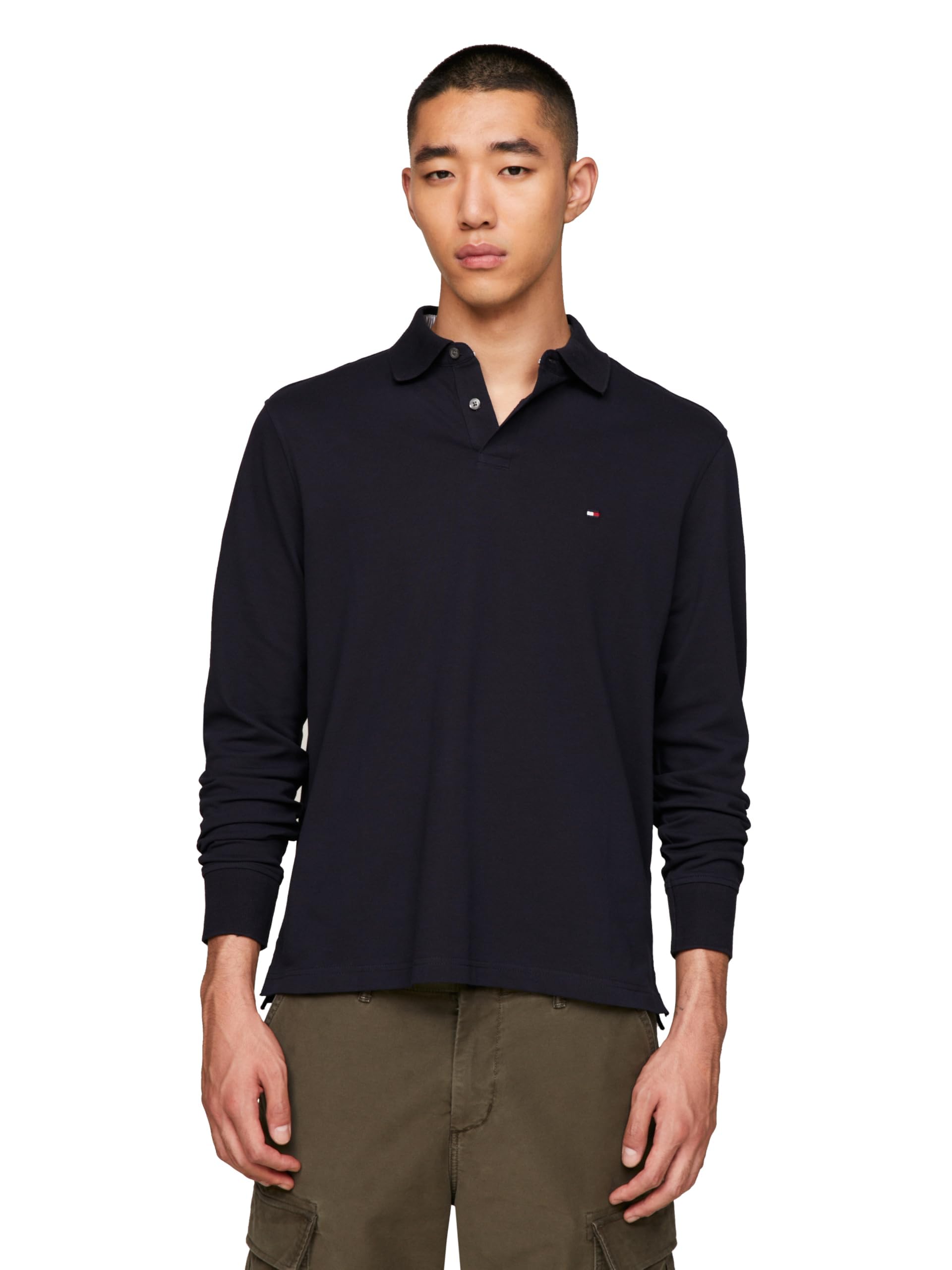 Tommy Hilfiger Men’s Long Sleeve Polo Shirts in Regular Fit with Stretch and Organic Pique Cotton, Desert Sky