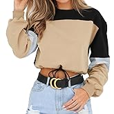 WEEPINLEE Women's Casual Long Sleeve Round Neck 3 Color Stitching Hem Lace Up Crop Sweatshirts