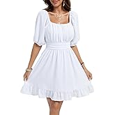 Fuinloth Womens Summer Sun Dresses Tied Back Puff Sleeve Square Neck Casual A-line Dress