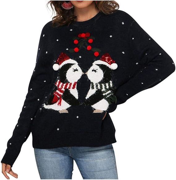 Fashion Women Long Sleeve Christmas Clothes Sweater Penguin Jacquard ...