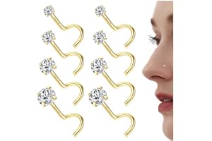 Finrezio 14K Gold Filled Nose Studs 316L Surgical Steel Gold Nose Rings Studs 6A CZ Simulated Diamond Corkscrew L Shaped Nose