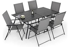 Virvla 7 Pieces Folding Patio Dining Set Outdoor Furniture with 6 Patio Folding Chairs and Rectangular Table for Yard, Garden, Porch and Poolside - Grey