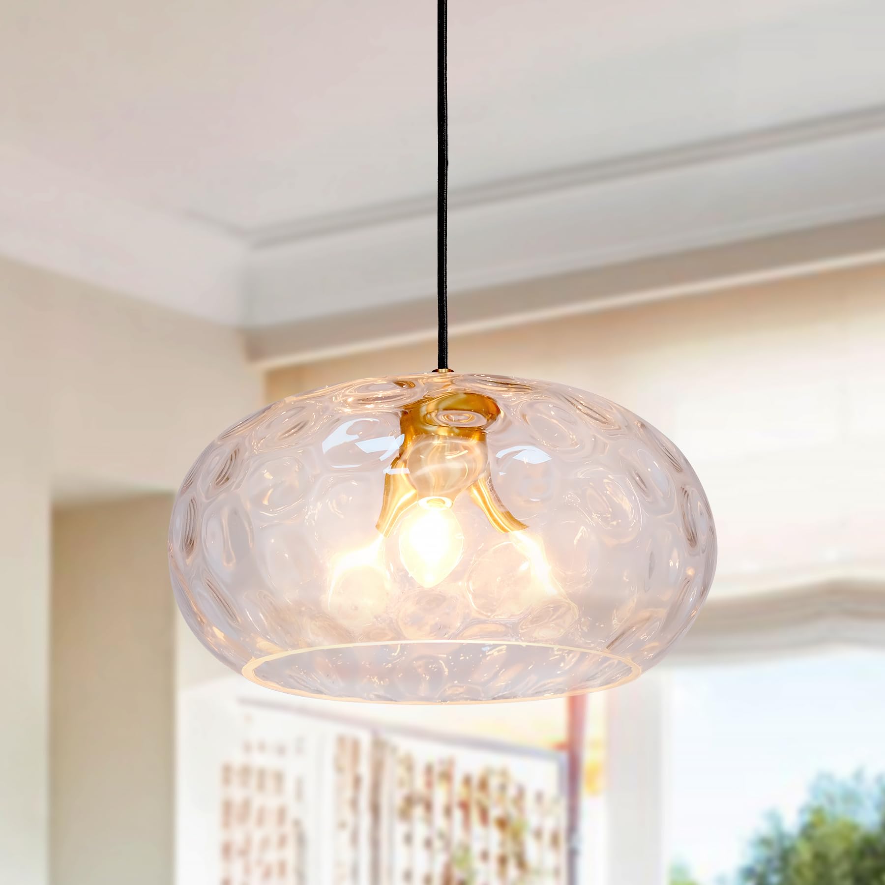 Photo 1 of Wrlmfy Large Glass Pendant Lighting, 14" Hammered Lampshade Hanging Lamp, 3-Light Brass Gold Chandelier for Dining Living Room Kitchen Island (Clear Glass Shade, 14 Inches)