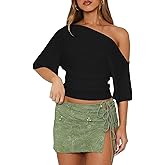 BONITEE Women One Shoulder Tops 2026 Summer Off The Shoulder Shirts Casual Cropped Short Sleeve Top Crop Blouses Tee Tshirts
