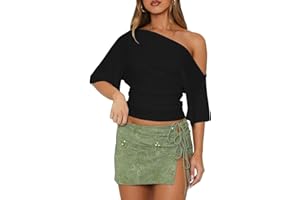 LACOZY Off The Shoulder Tops for Women 2026 Summer Asymmetrical Cinched Waist Short Sleeve T Shirts Casual Going Out Top