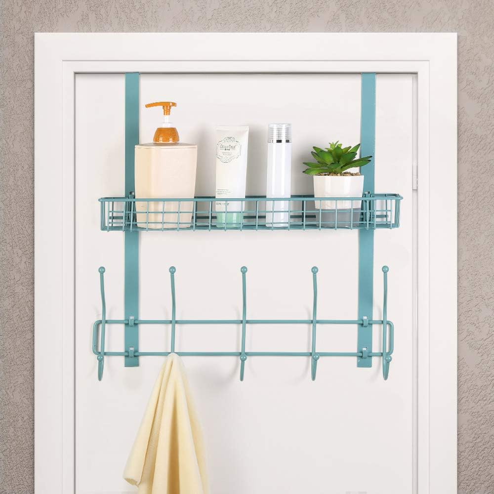 Shower Tidy Hanging Shelf Organizer,Over The Door Bathroom Towel Hanging Rack, Pantry Rack Organizer with 1 Basket Aqua Blue