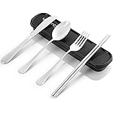 Travel Utensils with Case, Quatish 5 Piece Stainless Steel Silverware Set for Work, Portable Reusable Travel Cutlery Set, Fork and Spoon Set for Picnic, Camping, Gadgets, Lunch Box for Men, Silver