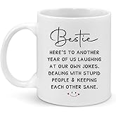 Friends Coffee Mug for Women 11Oz Galentines Day Gifts for Best Friends, Here's to Another Year of Us Laughing at Our Own Jokes Mug Birthday Gifts for Friend, Ceramic Cup Microwave & Dishwasher Safe