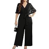 RED DOT BOUTIQUE 710 - Plus Size Long Sleeves Sequin Top Solid Wide Legs Long Jumpsuit With Pockets