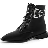 MISSMILLER Women Booties Buckle Ankle Boots Chunky Low Heel Eyelet Booties Sexy Pointy Toe Fashion Dress Short Boots with Zips