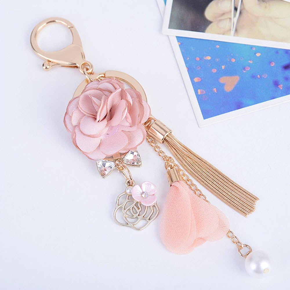 ZOONAI Flower Tassel Keychain Pearl Car Keyring Holder Purse Handbag Pendant (Pink) - Image 5